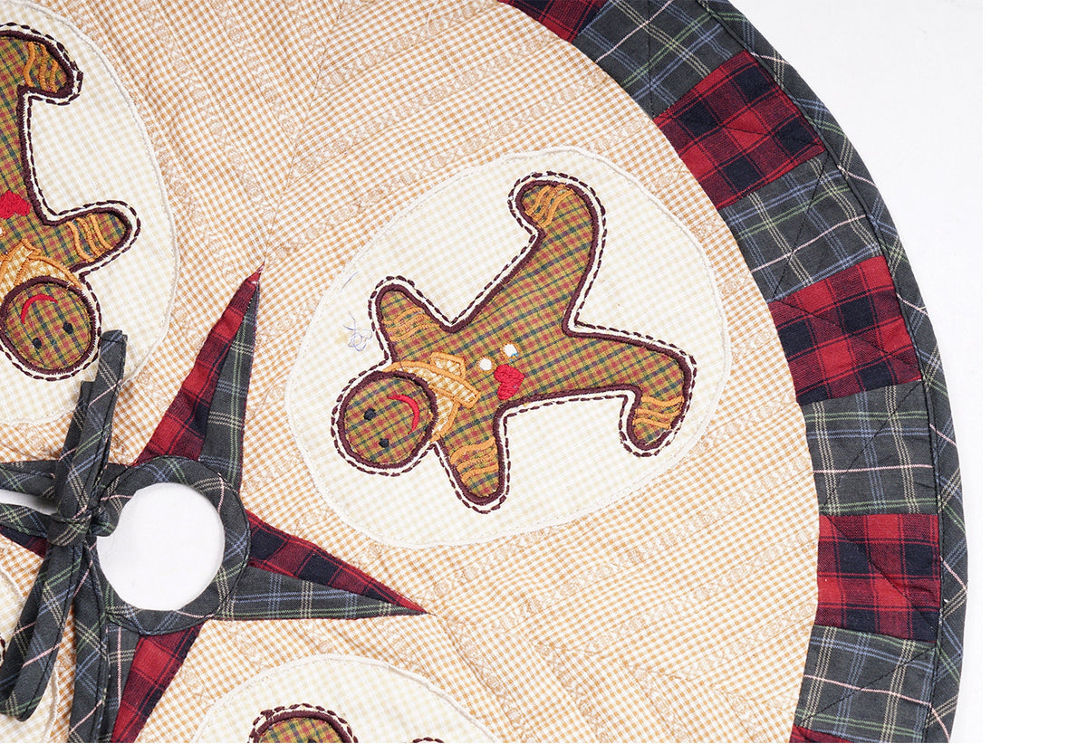Christmas tree skirt quilted patchwork embroidered Ginger bread plaid thick Double Layer Heirloom by HOME HEART Brands(Made in India)