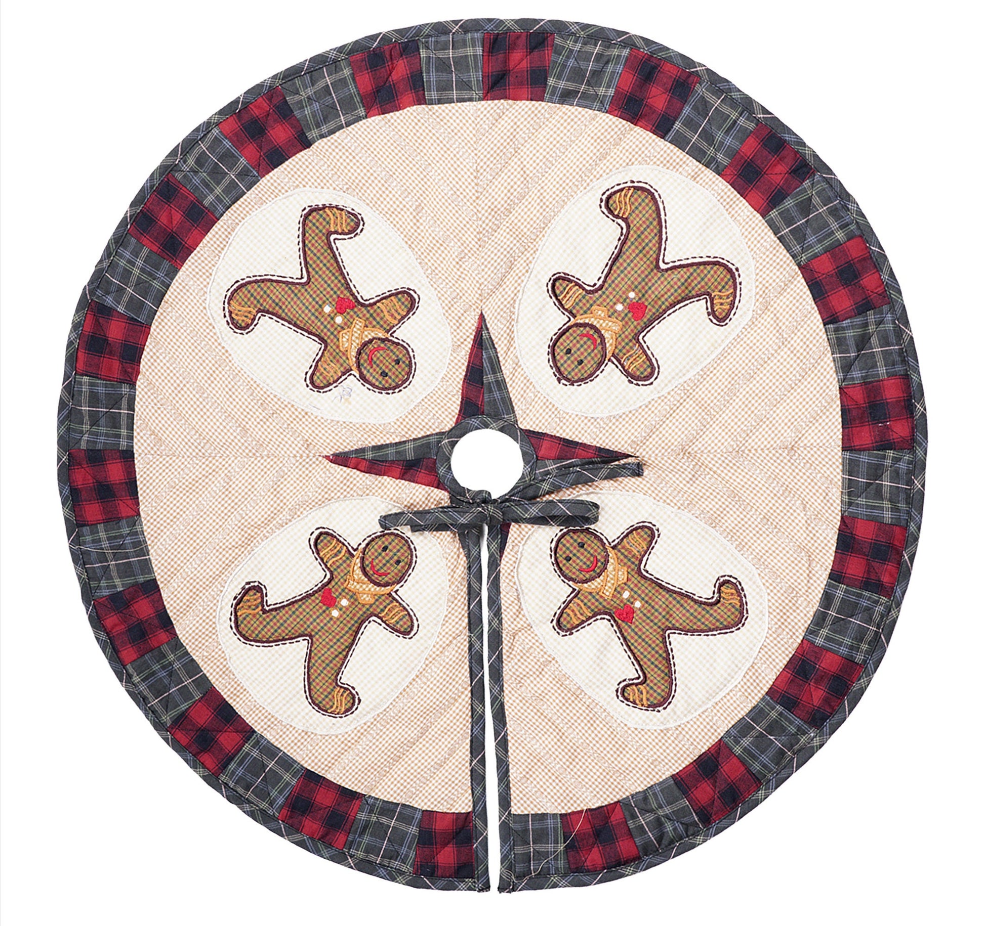 Christmas tree skirt quilted patchwork embroidered Ginger bread plaid thick Double Layer Heirloom by HOME HEART Brands(Made in India)