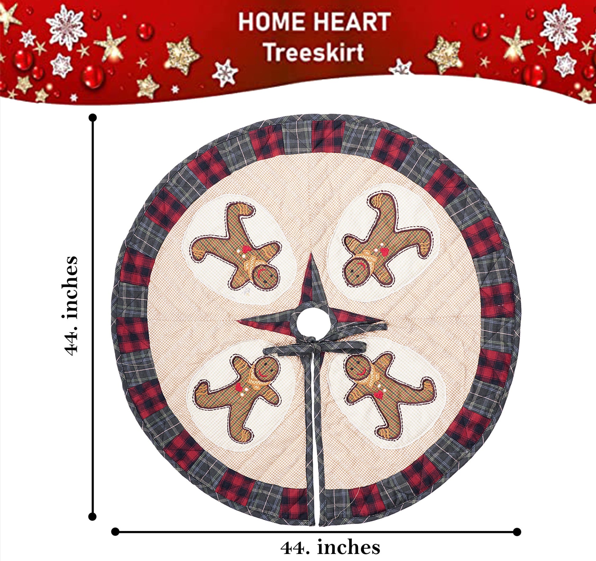 Christmas tree skirt quilted patchwork embroidered Ginger bread plaid thick Double Layer Heirloom by HOME HEART Brands(Made in India)