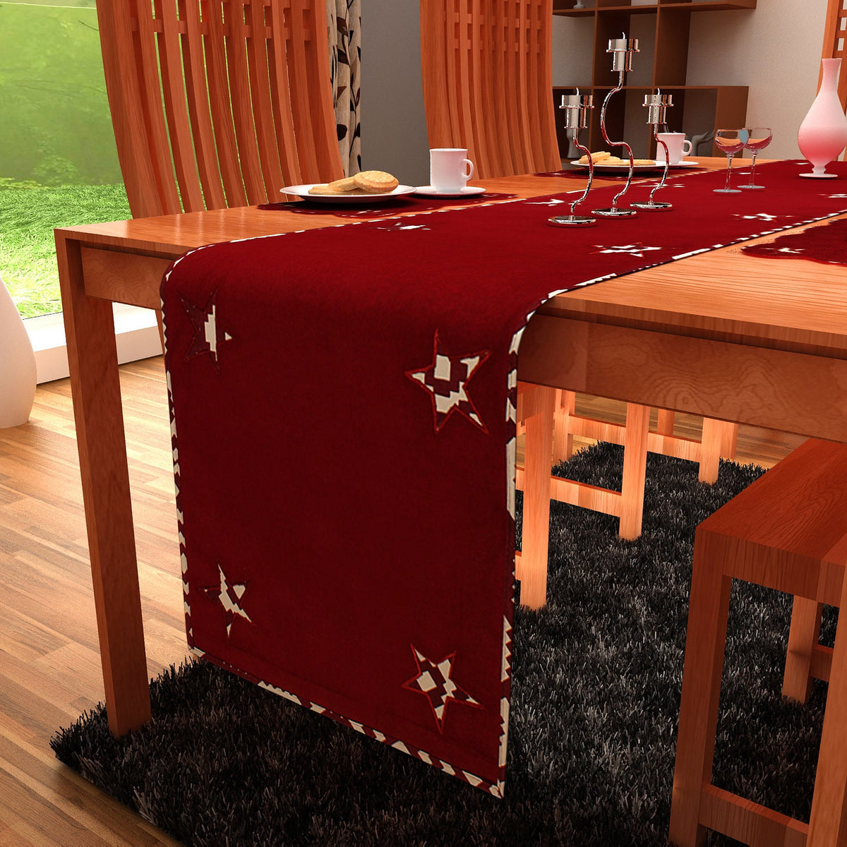 Cotton Table runner & Toppers Premium tapestry cotton fabric dark red applique embroidered by Home Heart Brands(Made in India)