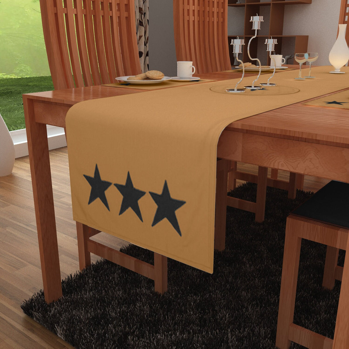 Cotton Table runner & Toppers Premium tapestry cotton fabric beige with black star applique embroidered by Home Heart Brands(Made in India)