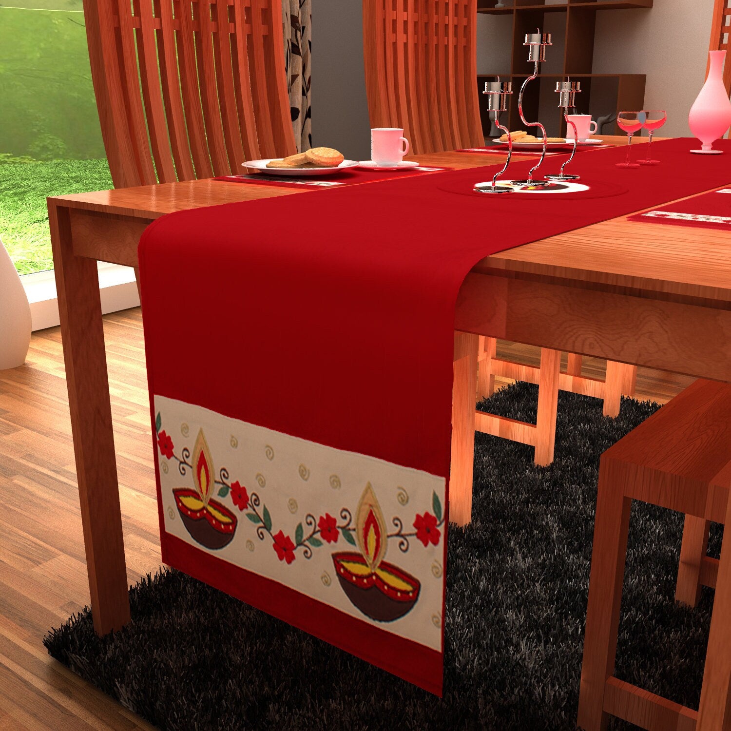 Table runner Toppers duck cotton Premium tapestry fabric Anokhi diyas red offwhite applique embroidered by Home Heart Brands(Made in India)
