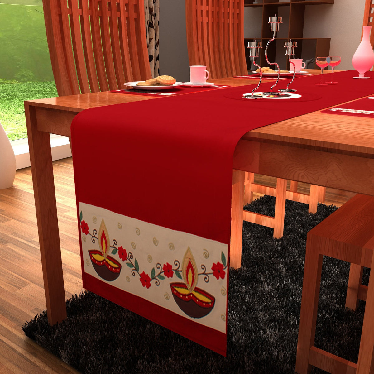 Table runner Toppers duck cotton Premium tapestry fabric Anokhi diyas red offwhite applique embroidered by Home Heart Brands(Made in India)