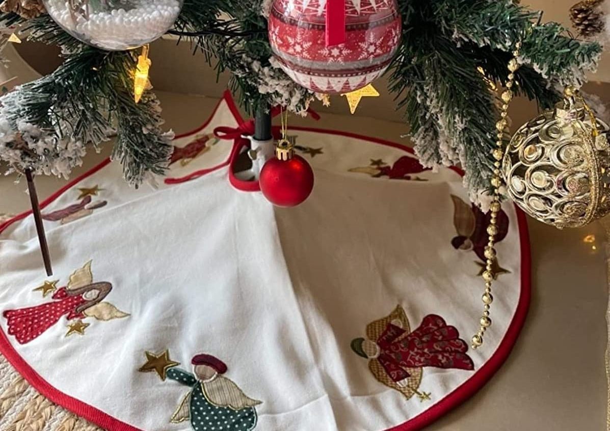 Christmas tree skirt Cotton Sturdy ivory Duck Fabric & multi colour Angel Applique style by HOME HEART Brands