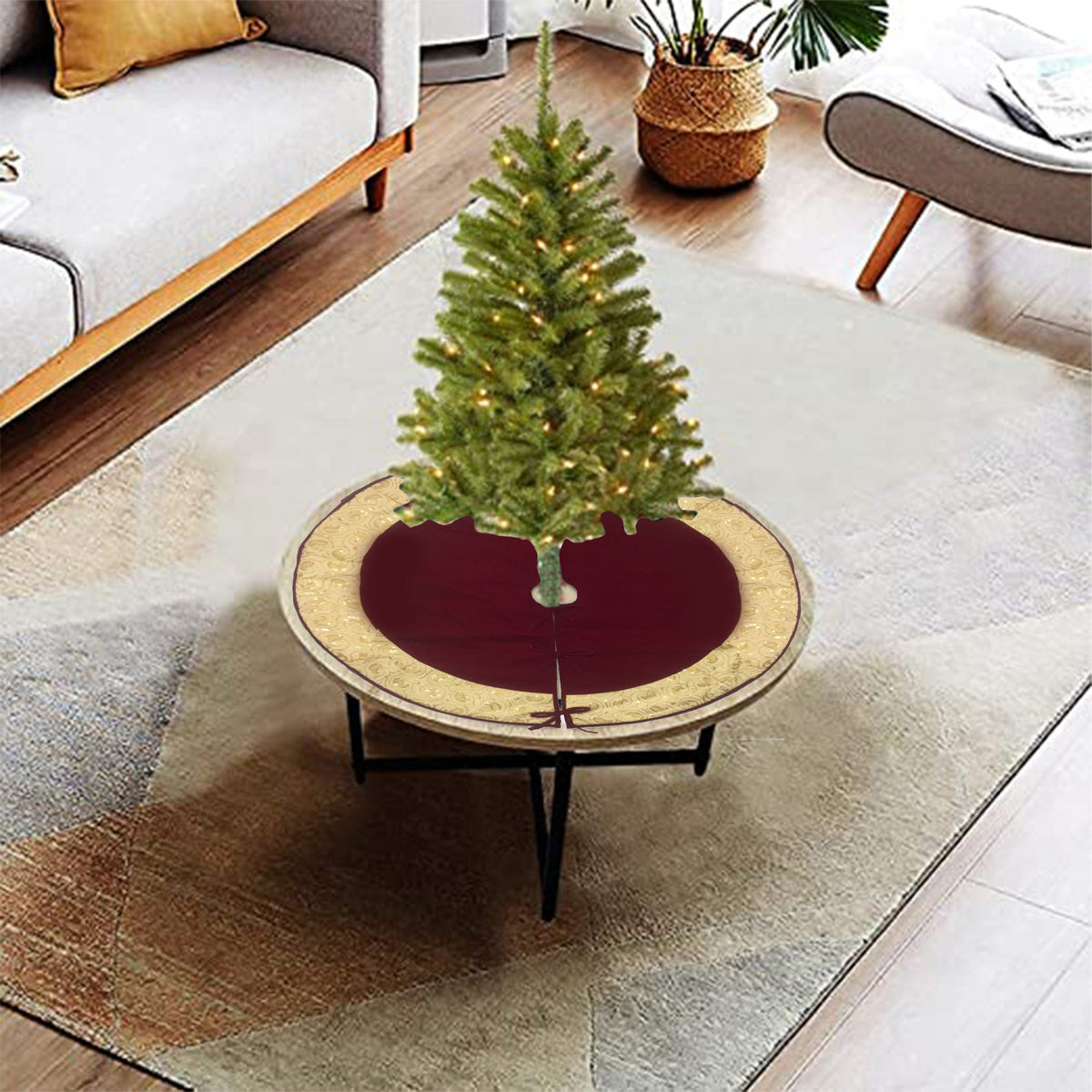 Christmas tree skirt micro dark red Velvet fabric and embroidered on it. Thick Double Layer quilted by HOME HEART Brands