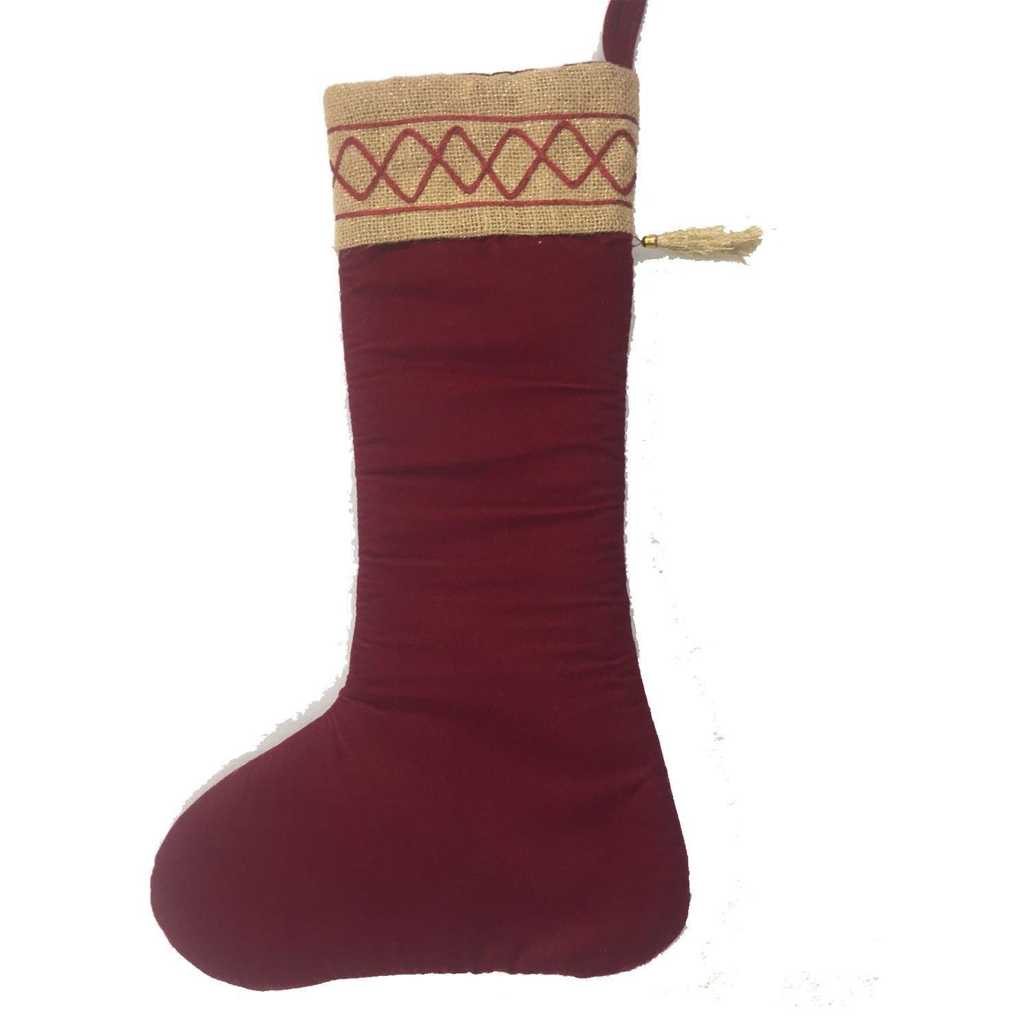 Christmas stocking red velvet & brown lurex jute Christmas decorations Handmade heirloom by HOME HEART Brands(Made in India)