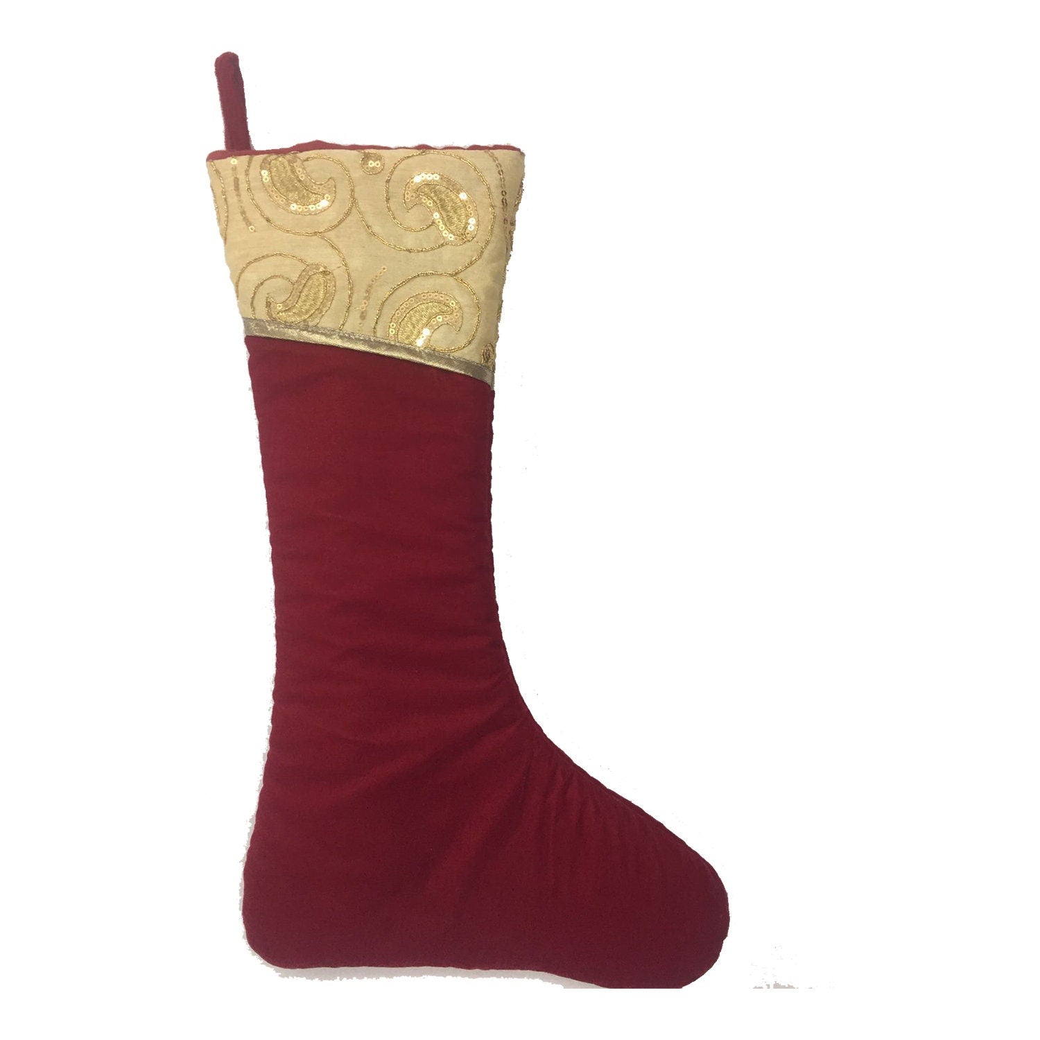 Christmas stocking red velvet & cream embroidered cuff Christmas decorations Handmade heirloom by HOME HEART Brands(Made in India)