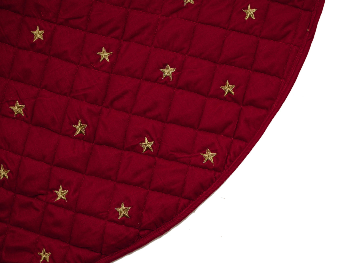 Christmas tree skirt quilted micro dark red Velvet fabric and gold star embroidered on it. Thick Double Layer quilted by HOME HEART Brands