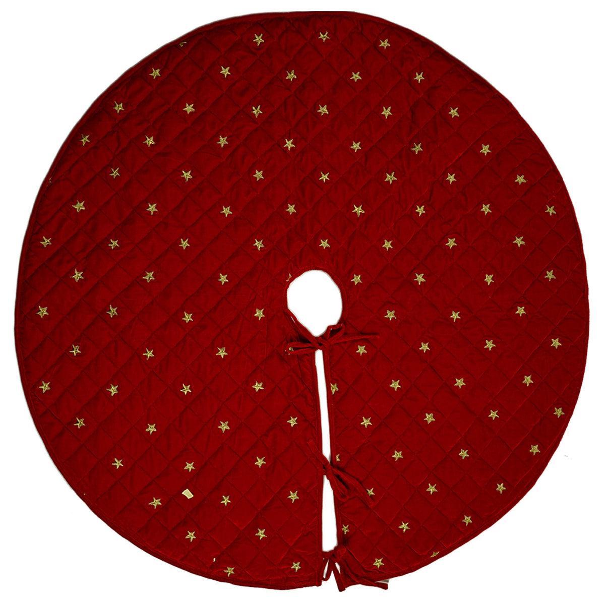 Christmas tree skirt quilted micro dark red Velvet fabric and gold star embroidered on it. Thick Double Layer quilted by HOME HEART Brands