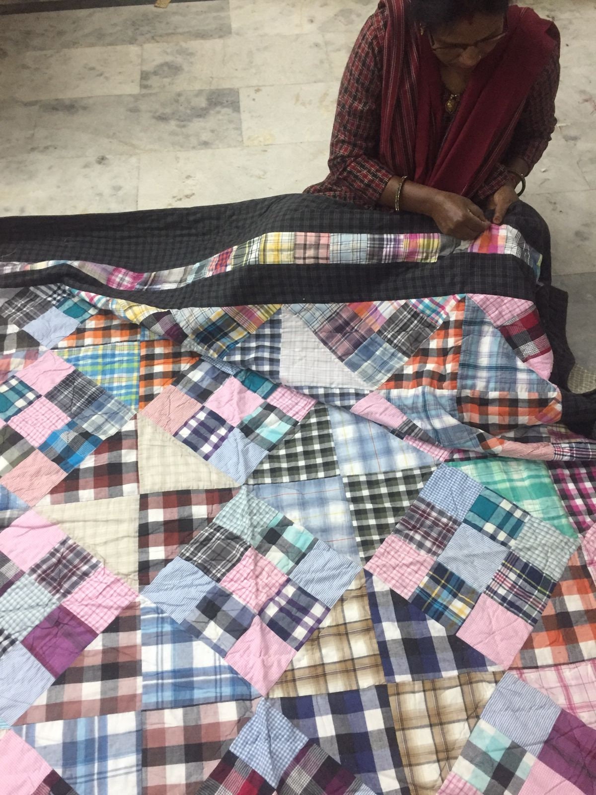 Hand Quilted bedspread Quilt full size 84"x84" nine patch Primitive Country Patchwork Design Mix Plaid Fabric by HOME HEART Brands