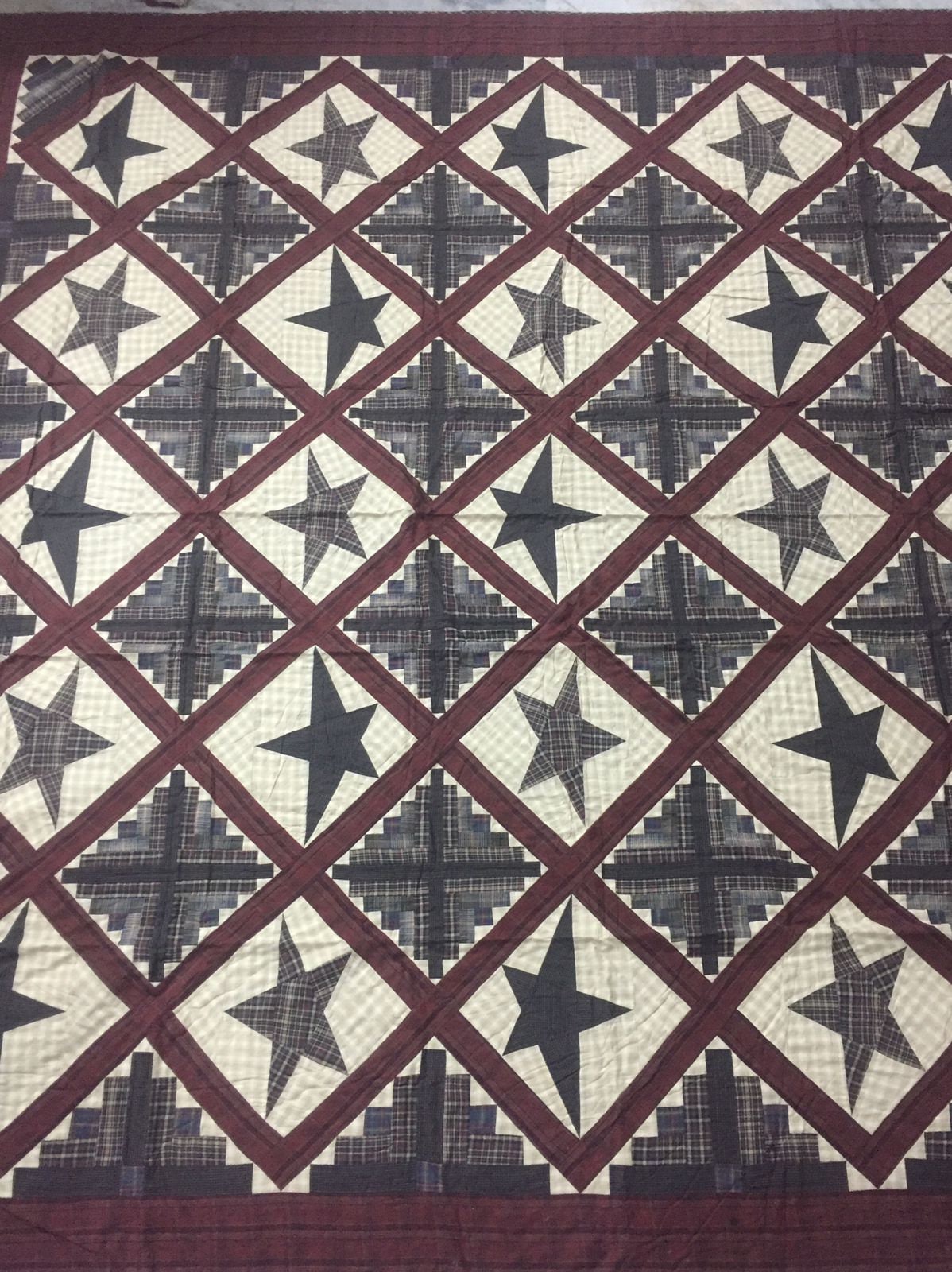 Hand Quilted King Size Cabin Star Quilt - Country Patchwork Bedspread (110x110)