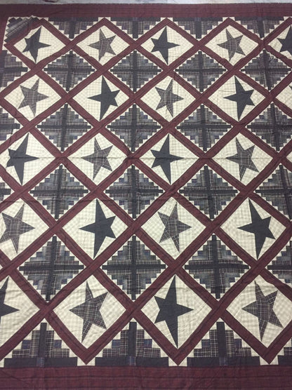 Hand Quilted King Size Cabin Star Quilt - Country Patchwork Bedspread (110x110)