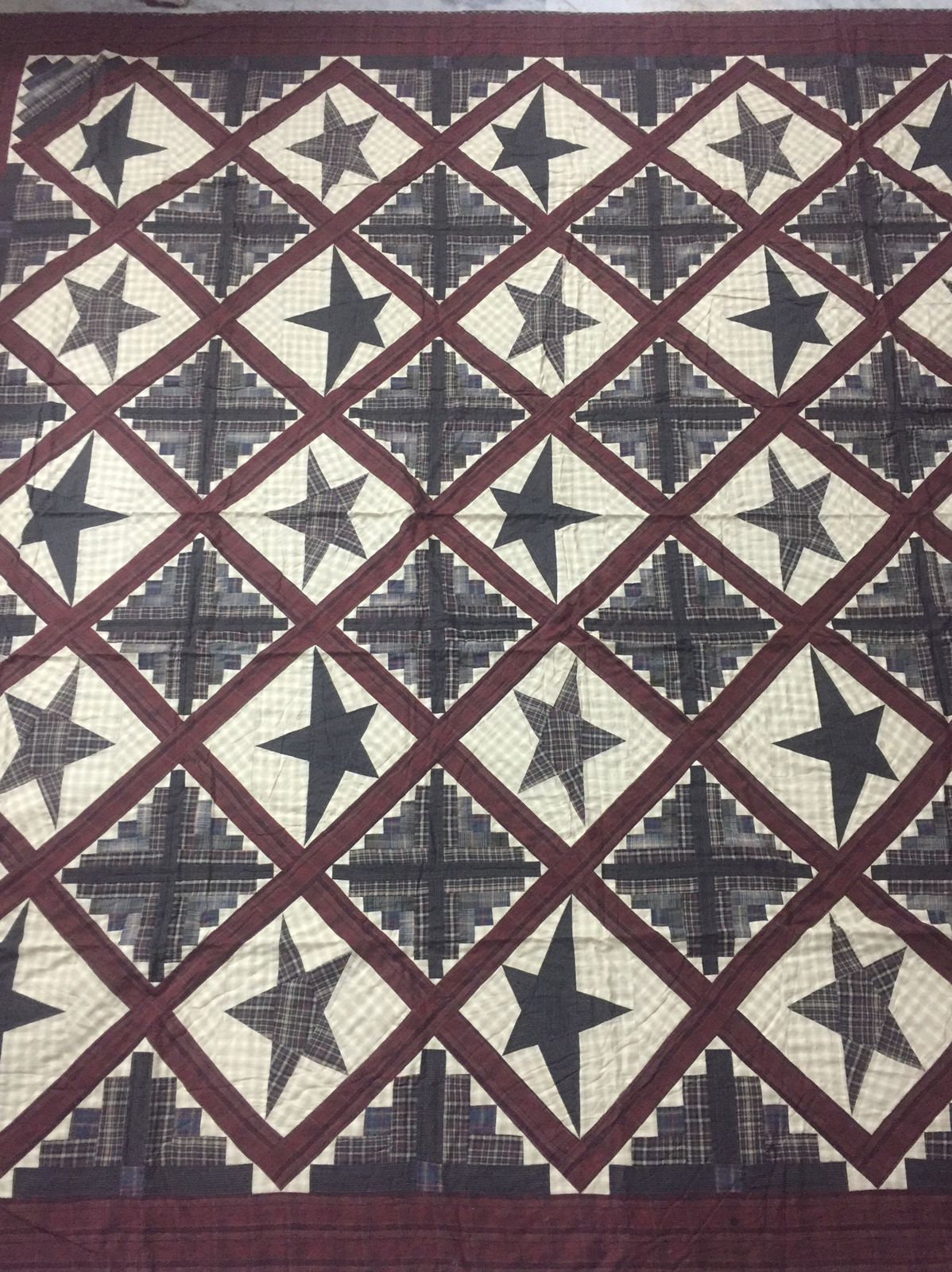 Hand Quilted King Size Cabin Star Quilt - Country Patchwork Bedspread (110x110)