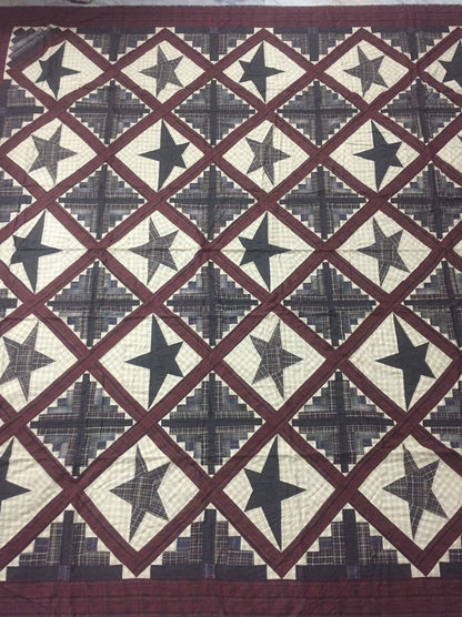 Hand Quilted King Size Cabin Star Quilt - Country Patchwork Bedspread (110x110)