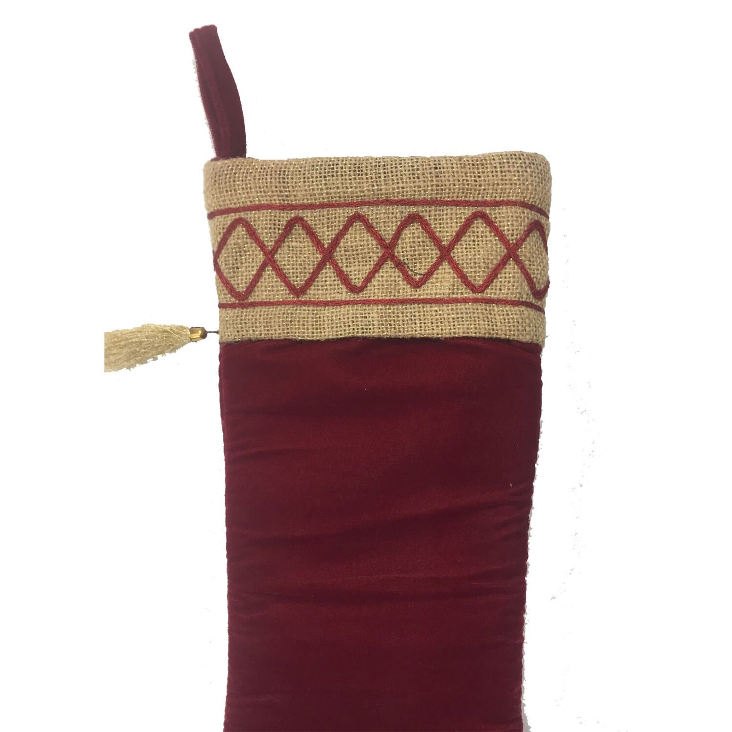 Christmas stocking red velvet & brown lurex jute Christmas decorations Handmade heirloom by HOME HEART Brands(Made in India)