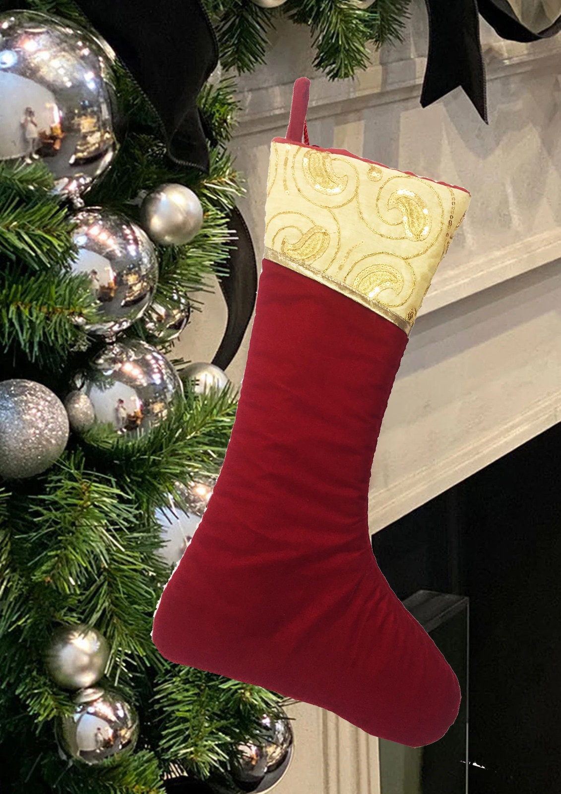 Christmas stocking red velvet & cream embroidered cuff Christmas decorations Handmade heirloom by HOME HEART Brands(Made in India)