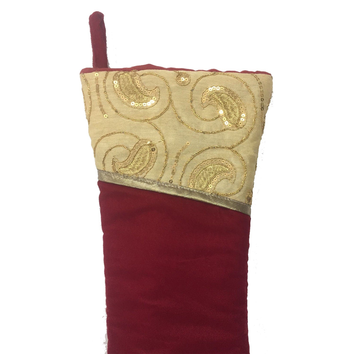 Christmas stocking red velvet & cream embroidered cuff Christmas decorations Handmade heirloom by HOME HEART Brands(Made in India)