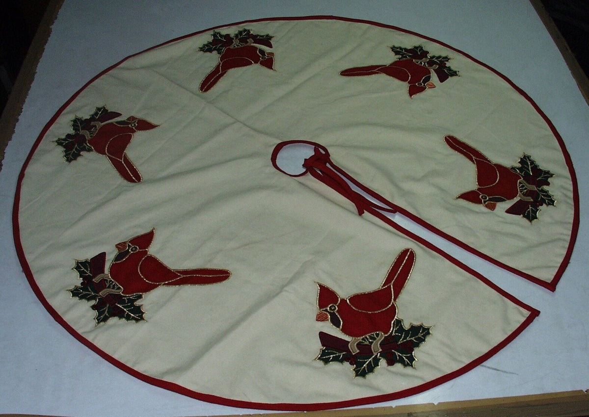 Christmas cardinal tree skirt Cotton Sturdy ivory Duck Fabric & red velvet embroidered by HOME HEART Brands