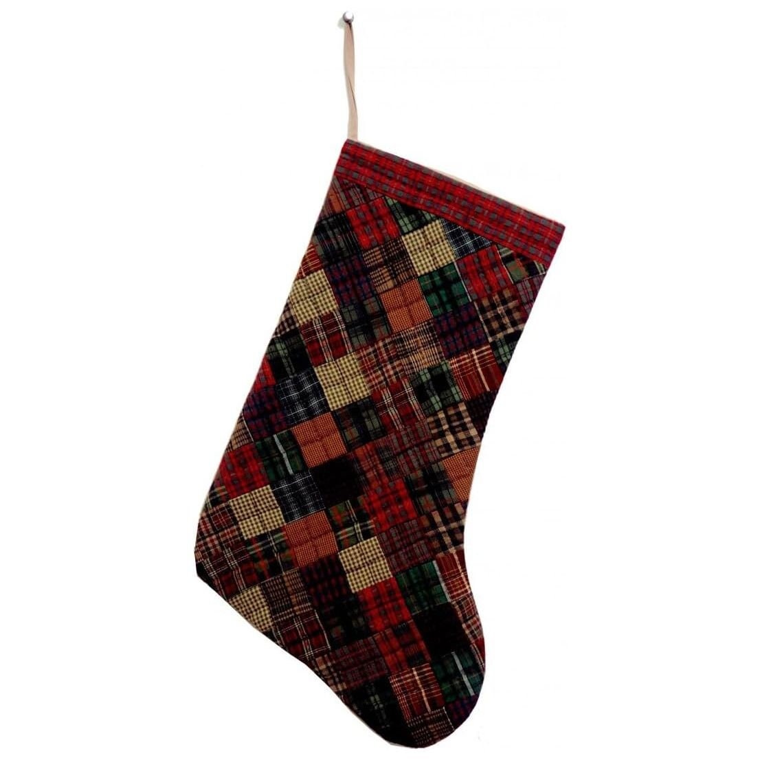 Christmas Stocking red green multi plaid quilted square Christmas decorations Handmade heirloom by HOME HEART Brands(Made in India)