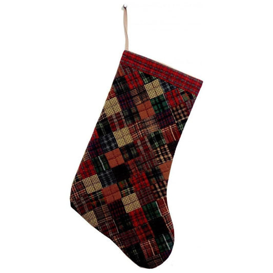 Christmas Stocking red green multi plaid quilted square Christmas decorations Handmade heirloom by HOME HEART Brands(Made in India)