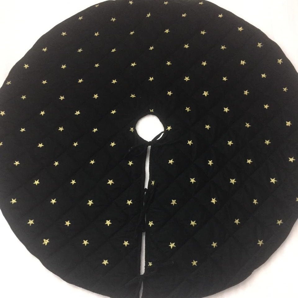 Christmas tree skirt quilted micro green Velvet fabric and gold star embroidered on it. Thick Double Layer quilted by HOME HEART Brands