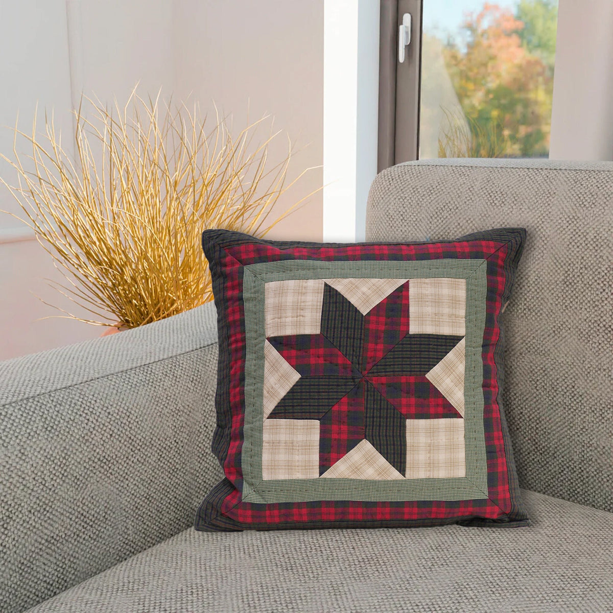Quilted patchwork pillow cover, cushion cover, decorative throw pillow winter berry star plaid by HOME HEART Brands(made in India)