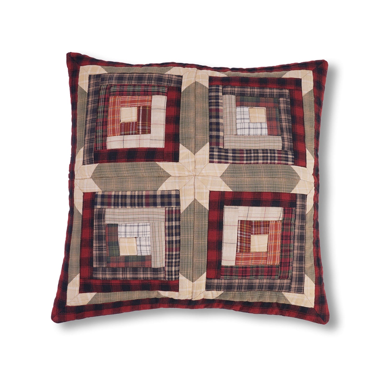 Quilted patchwork pillow cover, cushion cover, decorative throw pillow Country cabin green gold plaid  by HOME HEART Brands(made in India)