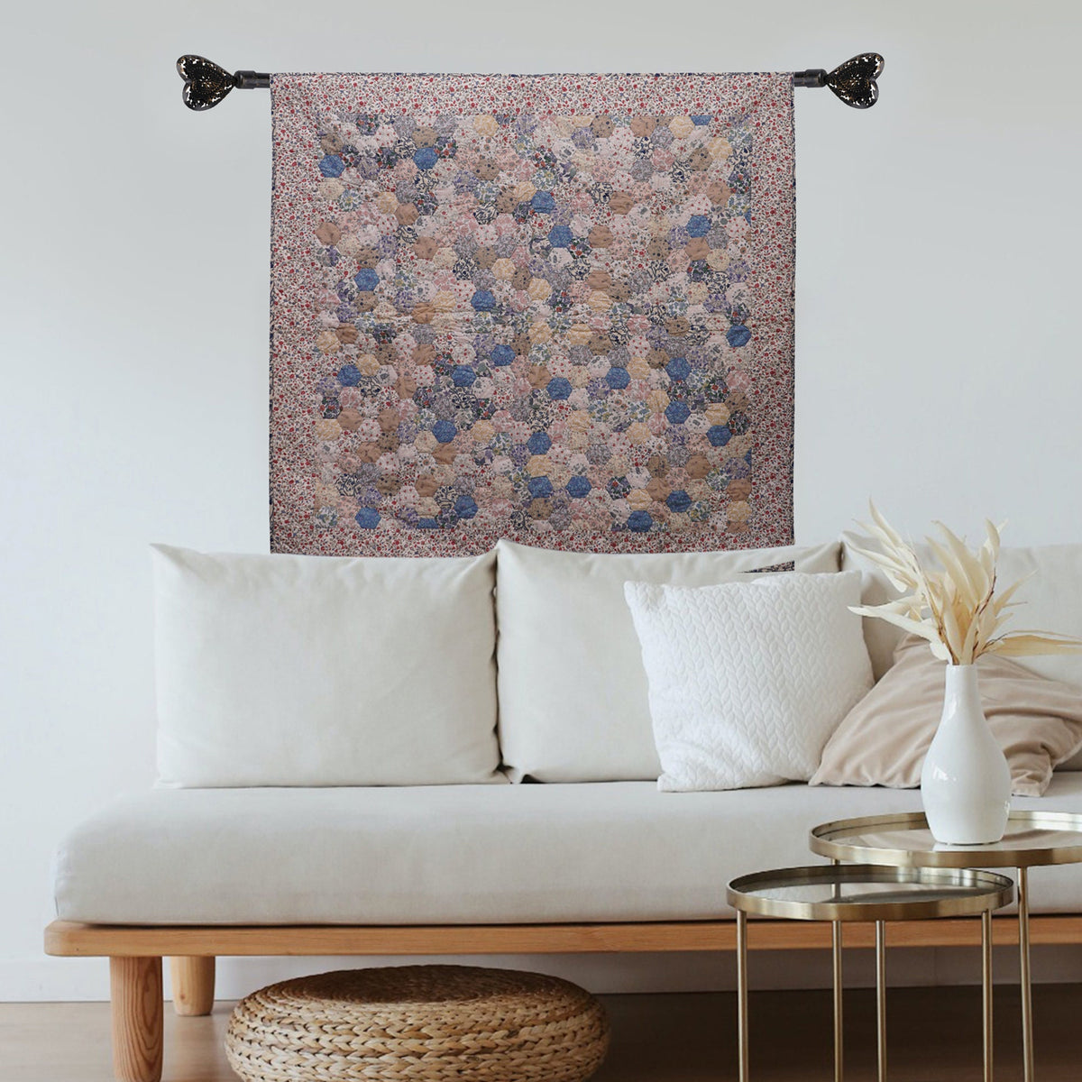 Hand made Throw, wall hanging ,Table Top Grandmother's flower Garden calico flower hand quilt, Hexagon by Home Heart brands (Made in India)