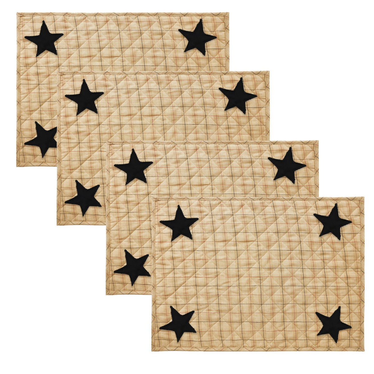 Quilted PLACEMAT & Table toppers Table mat black star embroidered beige Country Plaid 14"X19" by HOME HEART Brands(Made in India)