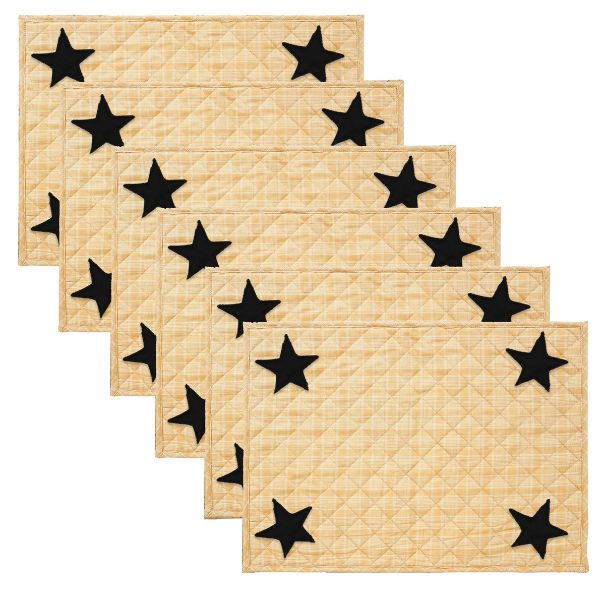 Quilted PLACEMAT & Table toppers Table mat black star embroidered gold Country Plaid 14"X19" by HOME HEART Brands(Made in India)