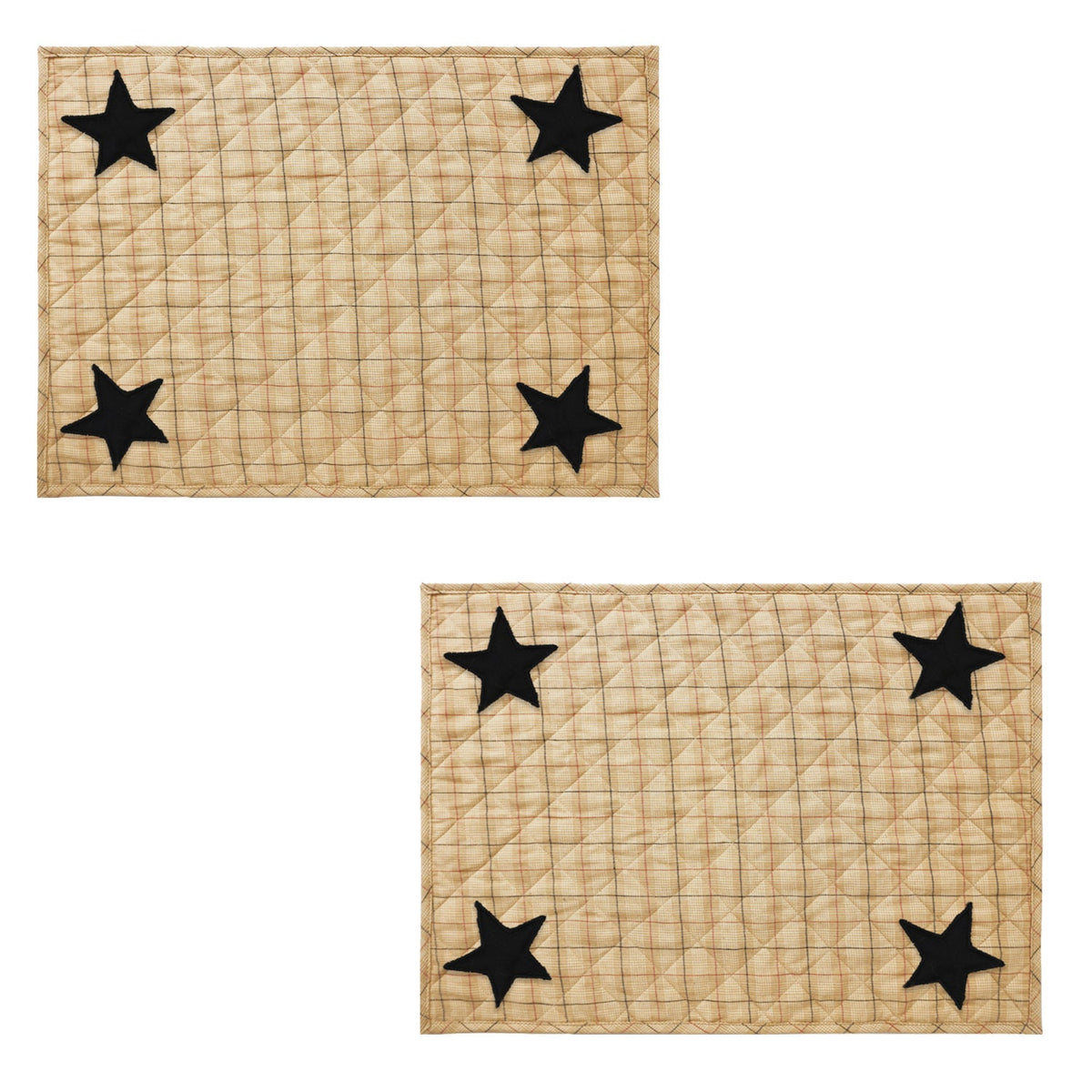 Quilted PLACEMAT & Table toppers Table mat black star embroidered beige Country Plaid 14"X19" by HOME HEART Brands(Made in India)