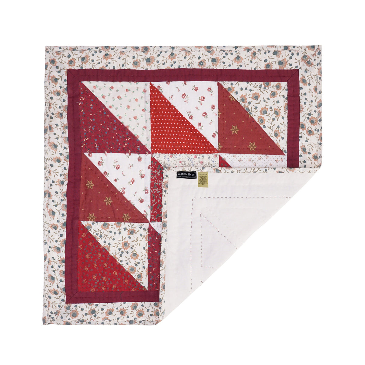 Hand Quilted table topper, square mat runner, patchwork , small quilt, Calico floral prints sew pocket by HOME HEART Brands(Made in India)