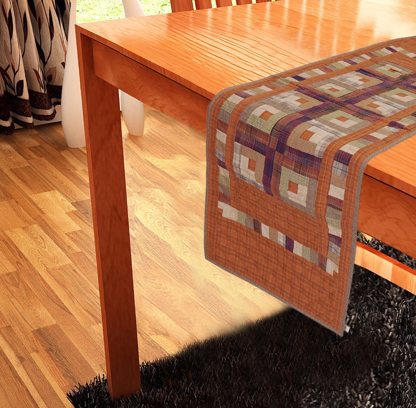 Hand Quilted patchwork 18x50 Table Runner & Toppers Country Autumn log cabin plaid cotton fabric by HOME HEART Brands(made in INDIA)