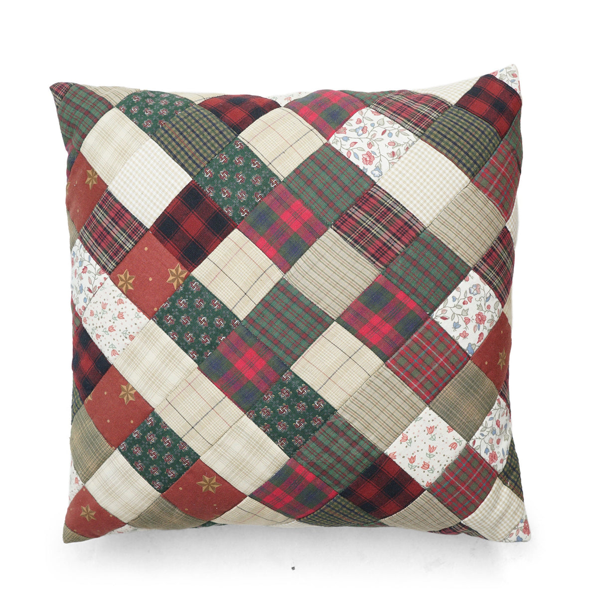 Quilted patchwork pillow cover, cushion cover, pillow Calico Country Floral & plaid cotton fabric by HOME HEART Brands(made in India)