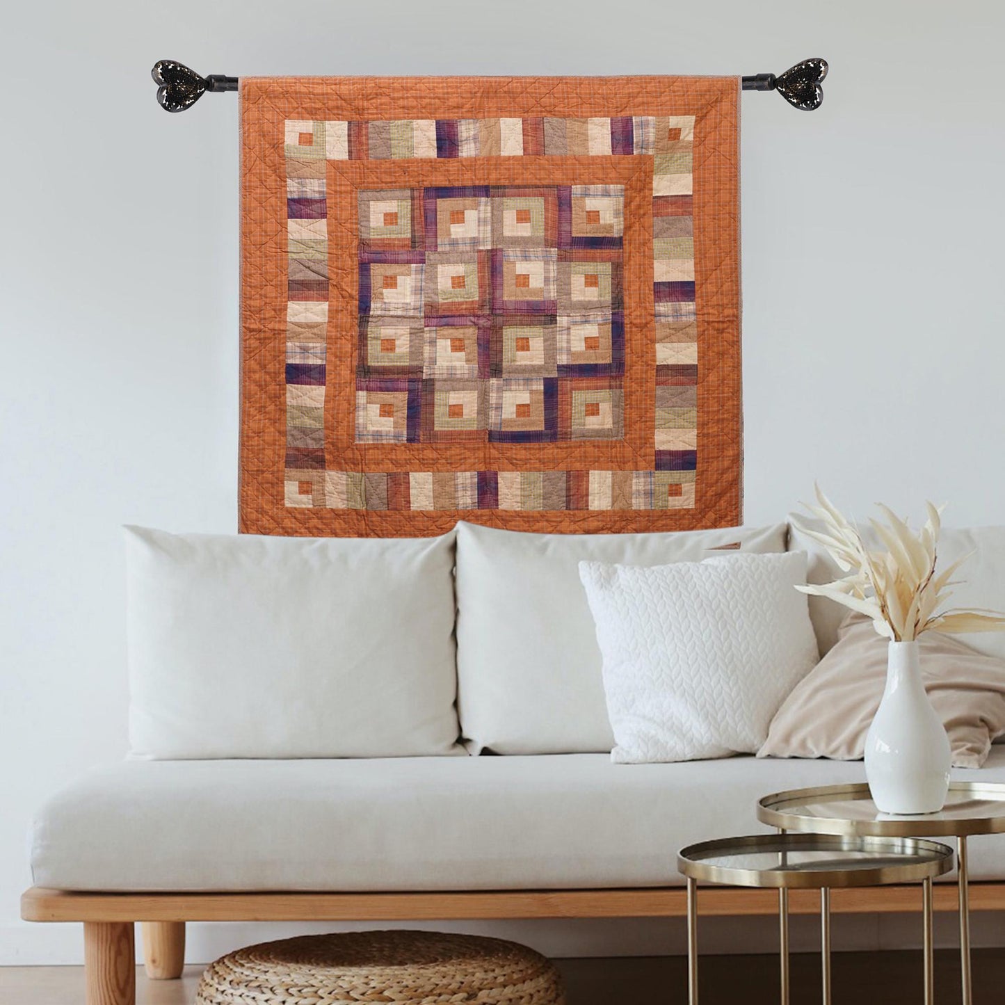 Hand Quilted Throw quilt, wall hanging ,Table Topper 45"x45" patchwork country Autumn log cabin by Home Heart brands (Made in India)
