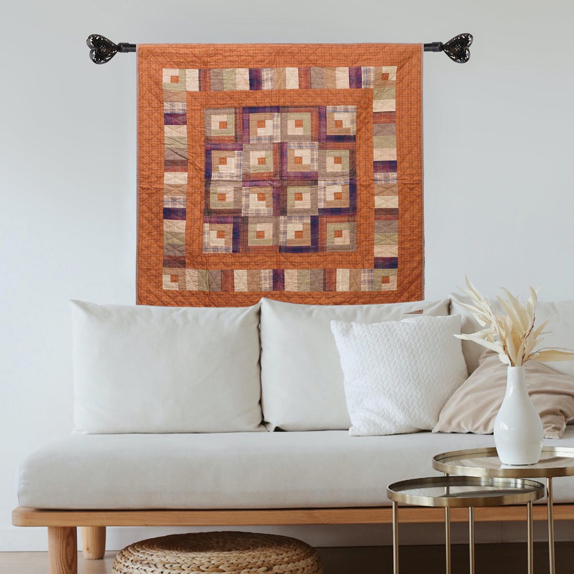 Hand Quilted Throw quilt, wall hanging ,Table Topper 45"x45" patchwork country Autumn log cabin by Home Heart brands (Made in India)