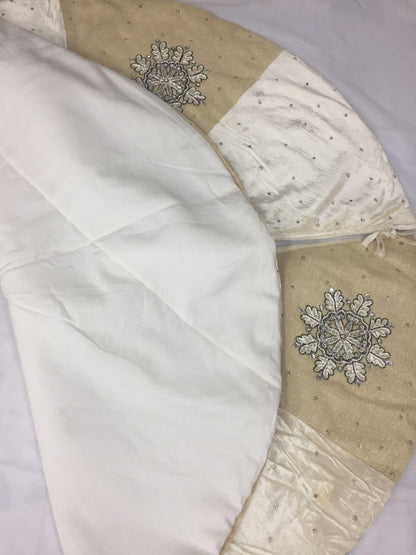 Christmas tree skirt 54" hand embroidered Snow flakes ivory micro Velvet and lurex jute border Thick Double Layer by HOME HEART Brands