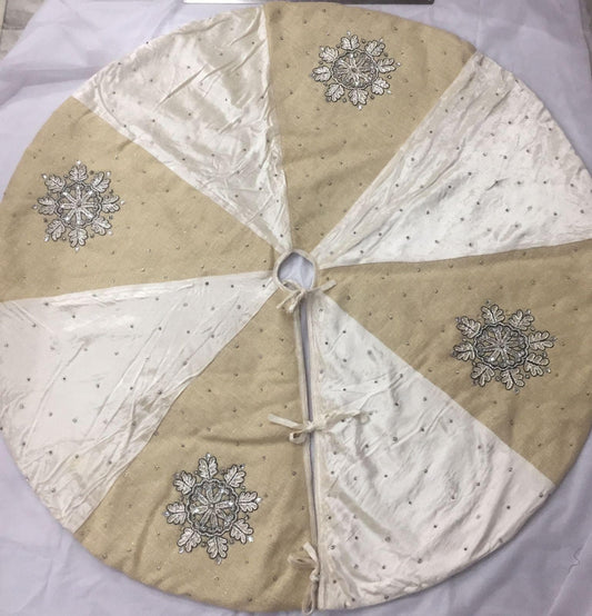 Christmas tree skirt 54" hand embroidered Snow flakes ivory micro Velvet and lurex jute border Thick Double Layer by HOME HEART Brands