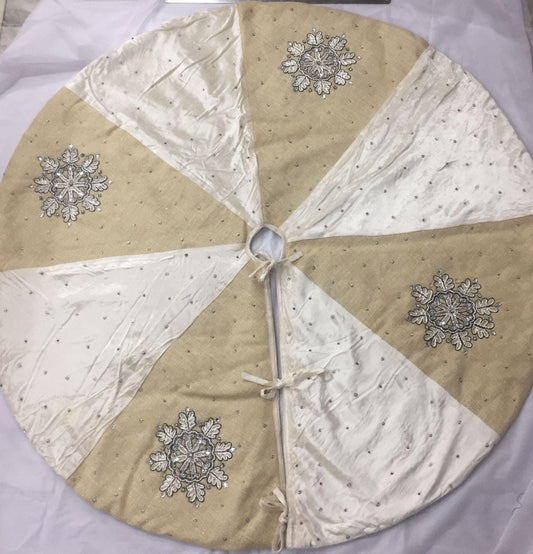 Christmas tree skirt 54" hand embroidered Snow flakes ivory micro Velvet and lurex jute border Thick Double Layer by HOME HEART Brands