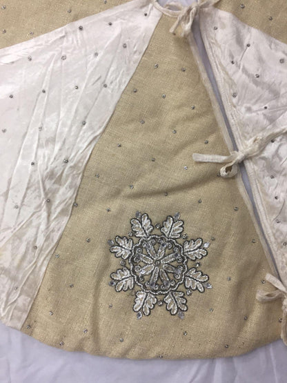 Christmas tree skirt 54" hand embroidered Snow flakes ivory micro Velvet and lurex jute border Thick Double Layer by HOME HEART Brands