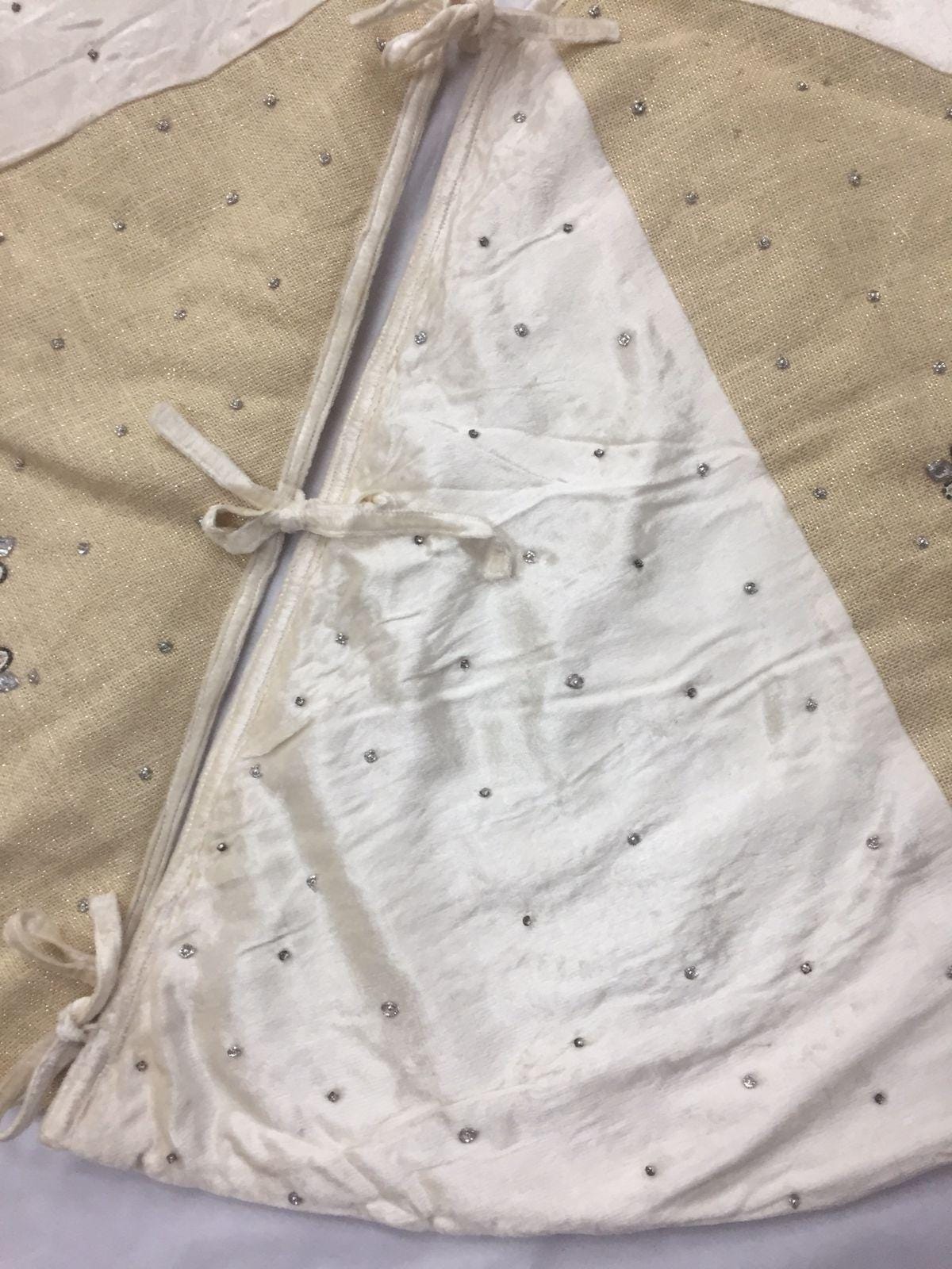 Christmas tree skirt 54" hand embroidered Snow flakes ivory micro Velvet and lurex jute border Thick Double Layer by HOME HEART Brands