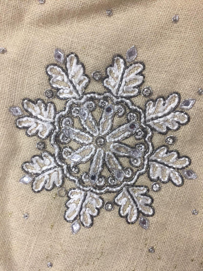 Christmas tree skirt 54" hand embroidered Snow flakes ivory micro Velvet and lurex jute border Thick Double Layer by HOME HEART Brands