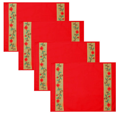 Placemat & Toppers Premium tapestry red duck cotton fabric floral embroidered on beige applique border by Home Heart Brands(Made in India)