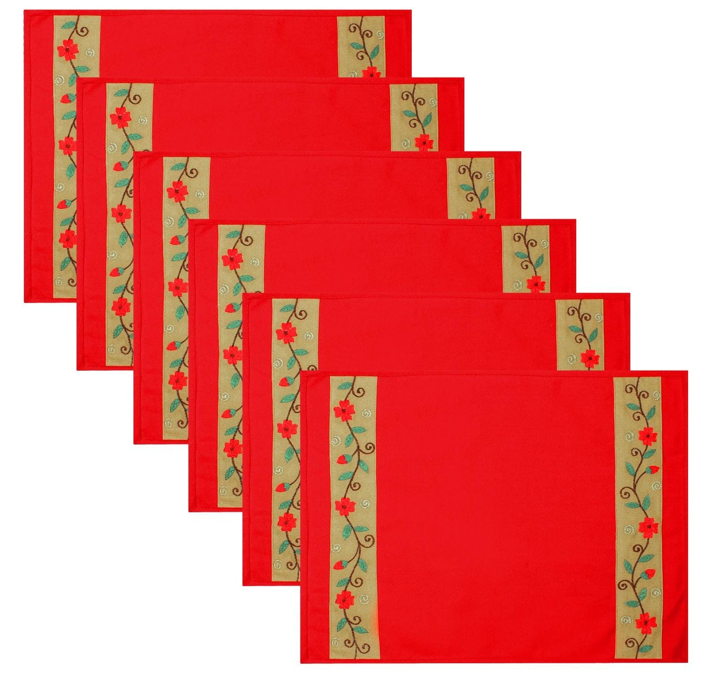Placemat & Toppers Premium tapestry red duck cotton fabric floral embroidered on beige applique border by Home Heart Brands(Made in India)