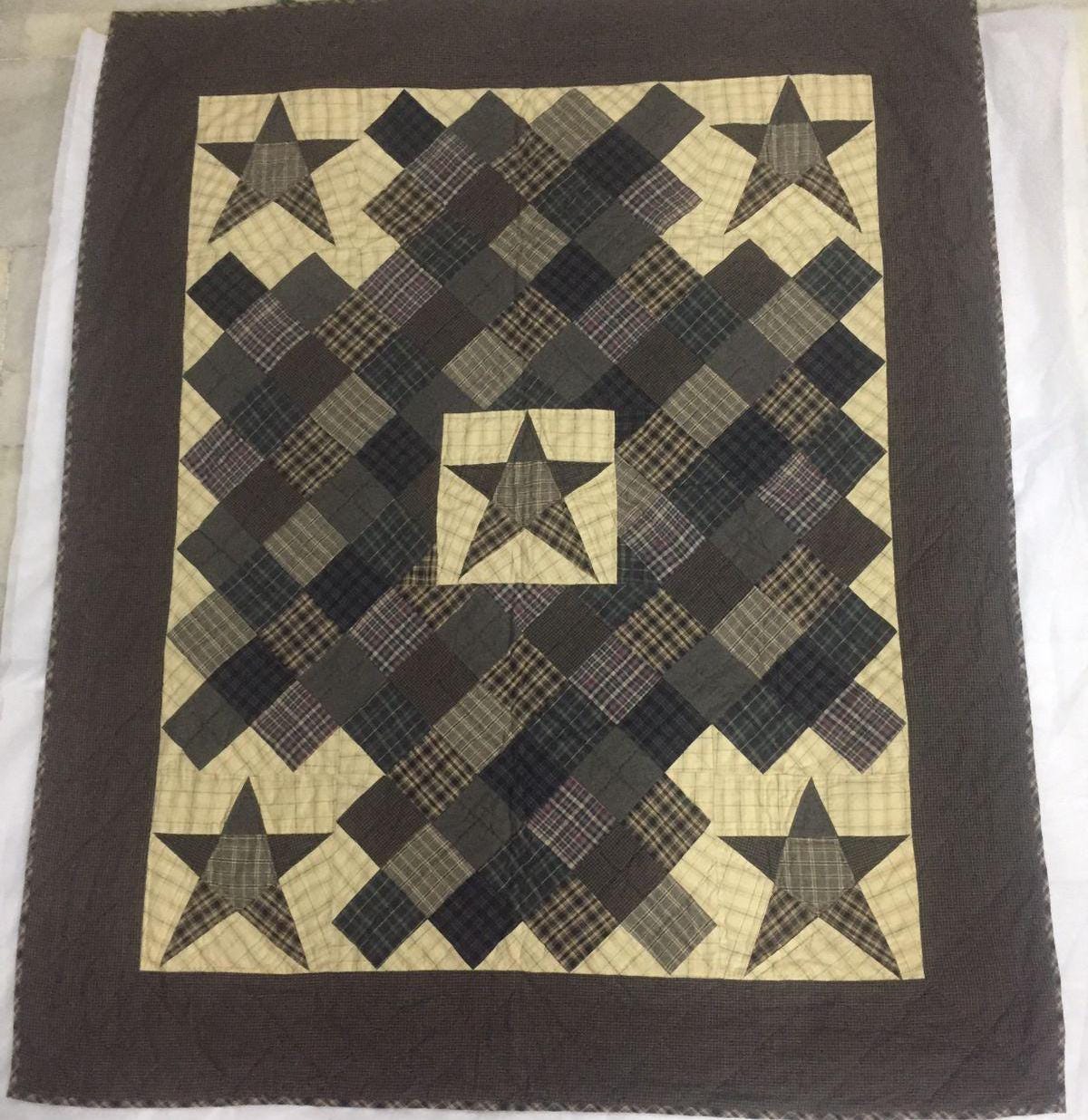Hand Quilted Throw, wall hanging ,Table Topper quilt 50"x60" country primitive blazing star square by Home Heart brands (Made in India)