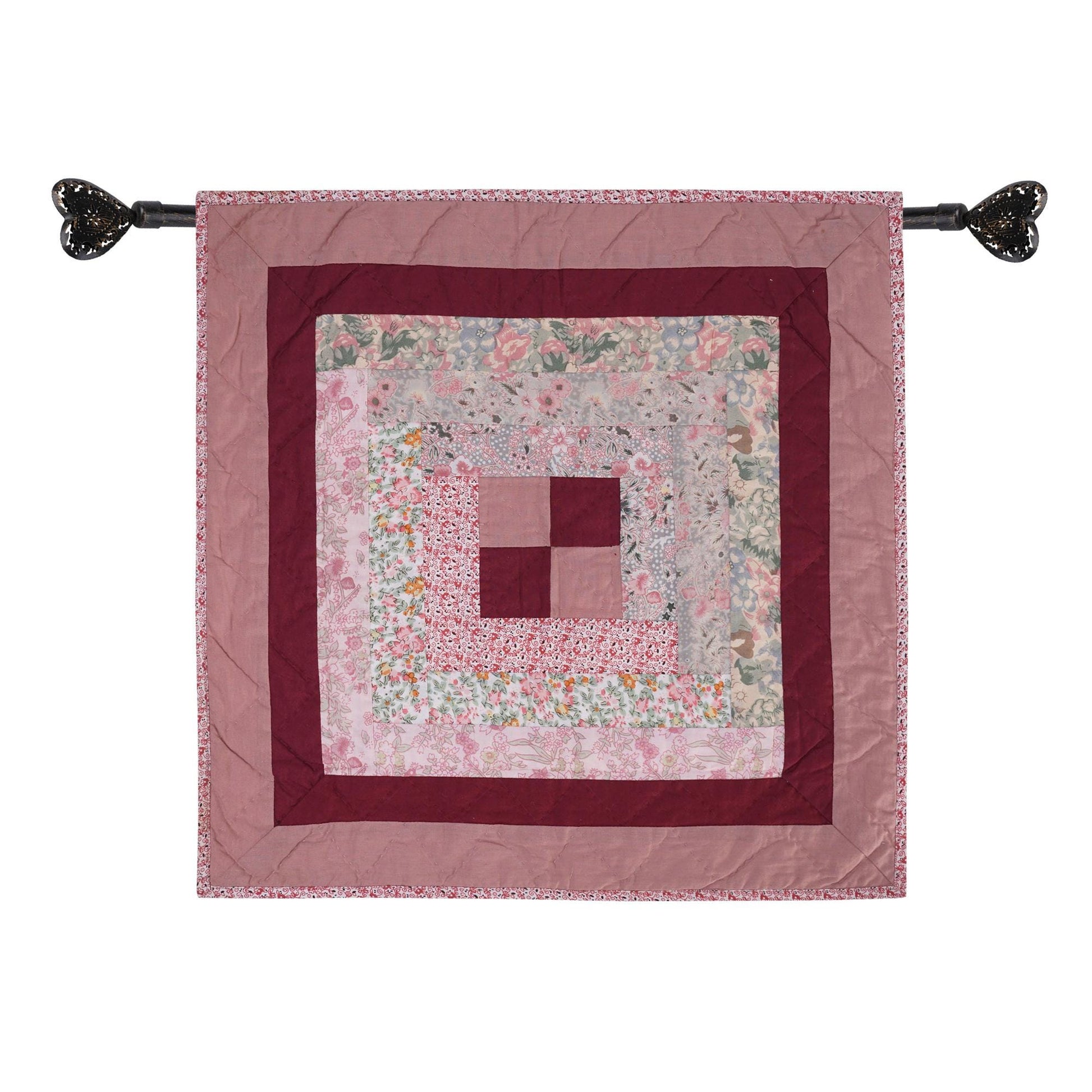Hand Quilted small quilt 20"x20" table topper,square block, patchwork Mauve floral Log Cabin rod pocket by HOME HEART Brands(Made in India)