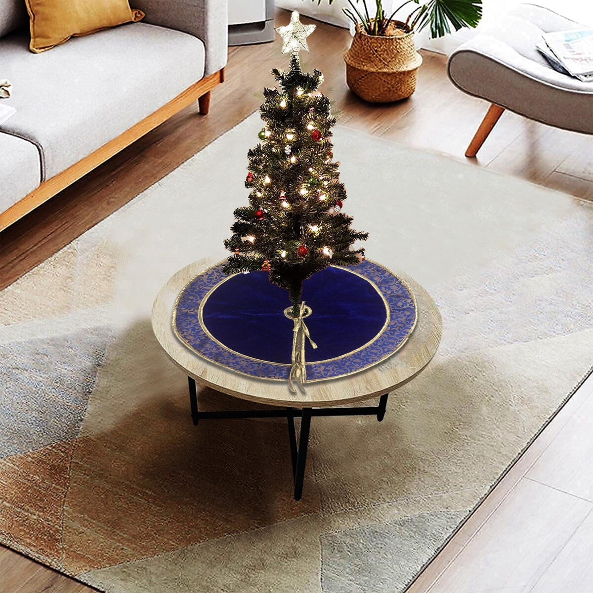 Christmas tree skirt classic micro imperial blue Velvet fabric with matching Brocade Fabric Border Thick Double Layer by HOME HEART Brands