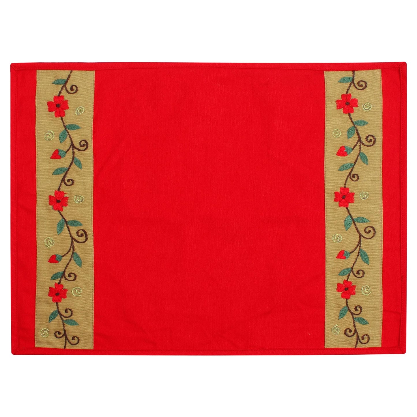 Placemat & Toppers Premium tapestry red duck cotton fabric floral embroidered on beige applique border by Home Heart Brands(Made in India)