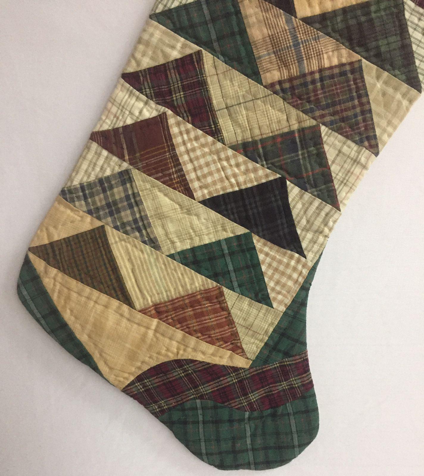 Christmas stocking hand made red green multi plaid hand quilted Christmas decorations Handmade heirloom by HOME HEART Brands(Made in India)