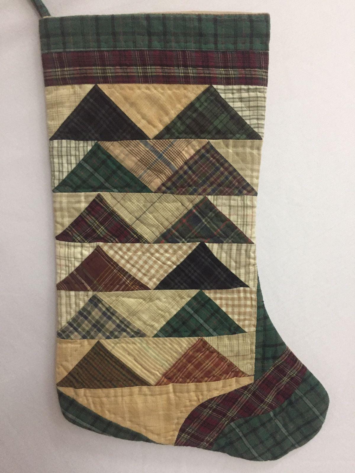 Christmas stocking hand made red green multi plaid hand quilted Christmas decorations Handmade heirloom by HOME HEART Brands(Made in India)